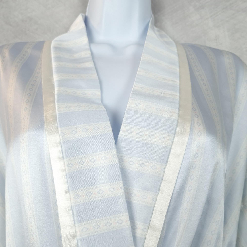 Vintage Christian Dior Robe Womens Large Blue Satin Kimono Striped Logo Belted - Picture 3 of 16
